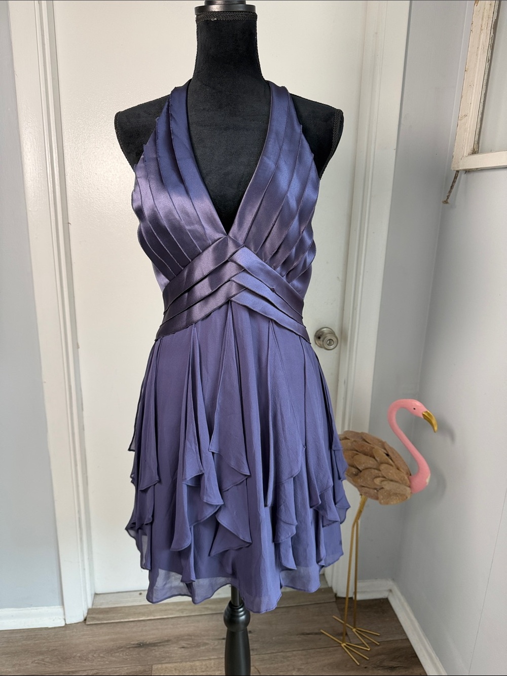 BCBGMaxAzria Pleated Periwinkle and Silk skirt low back Cocktail Dress size 10